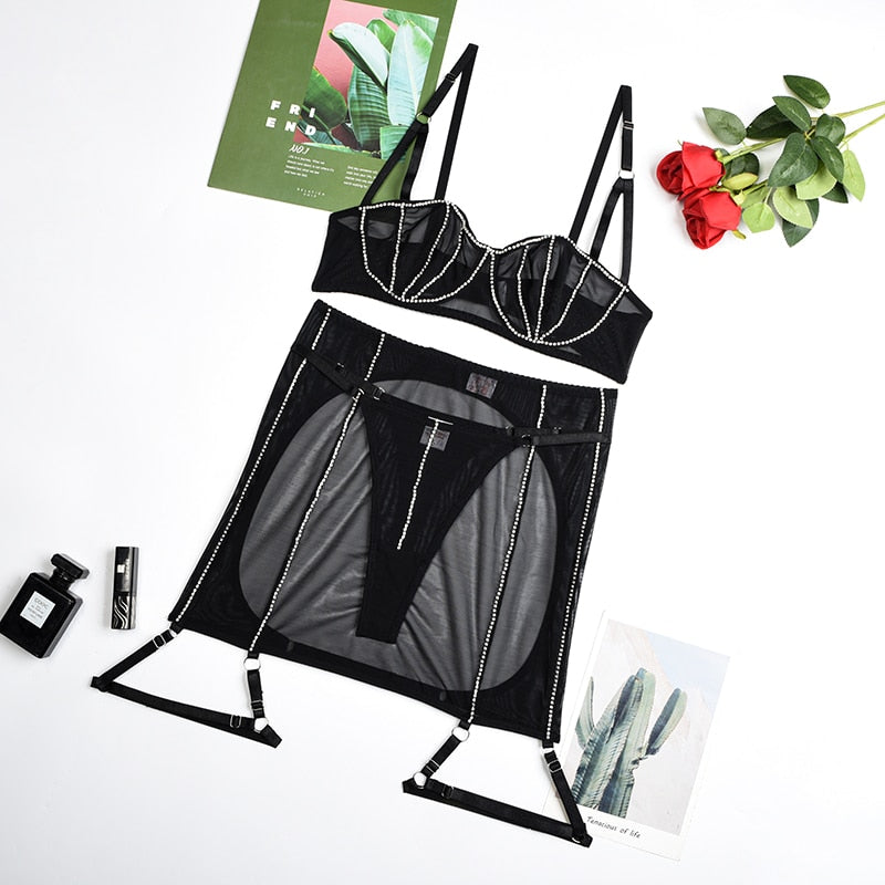 Luxury Rhinestone Push-up Hollow Out Bra & Skirt Set