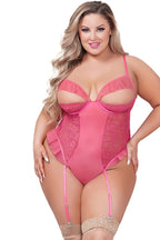 Plus Size Lace Mesh Ruffle Peekaboo Teddy Lingerie