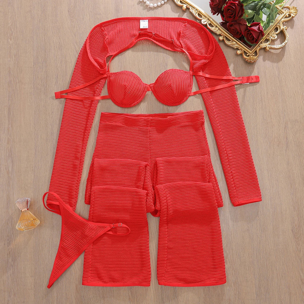 Romantic Red Cropped Crochet Lingerie Set