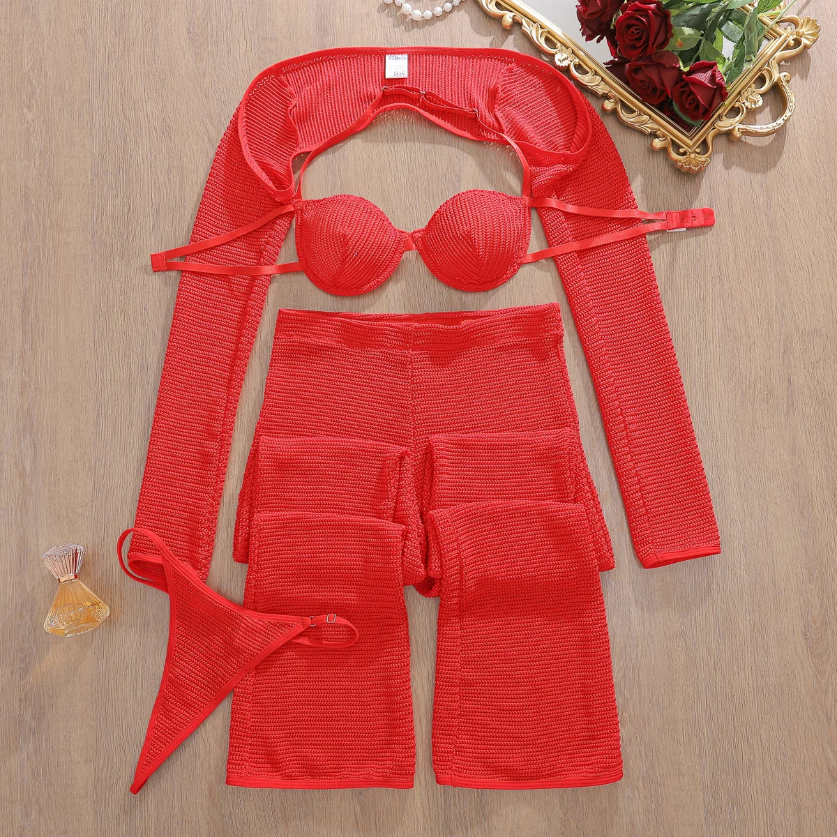 Romantic Red Cropped Crochet Lingerie Set