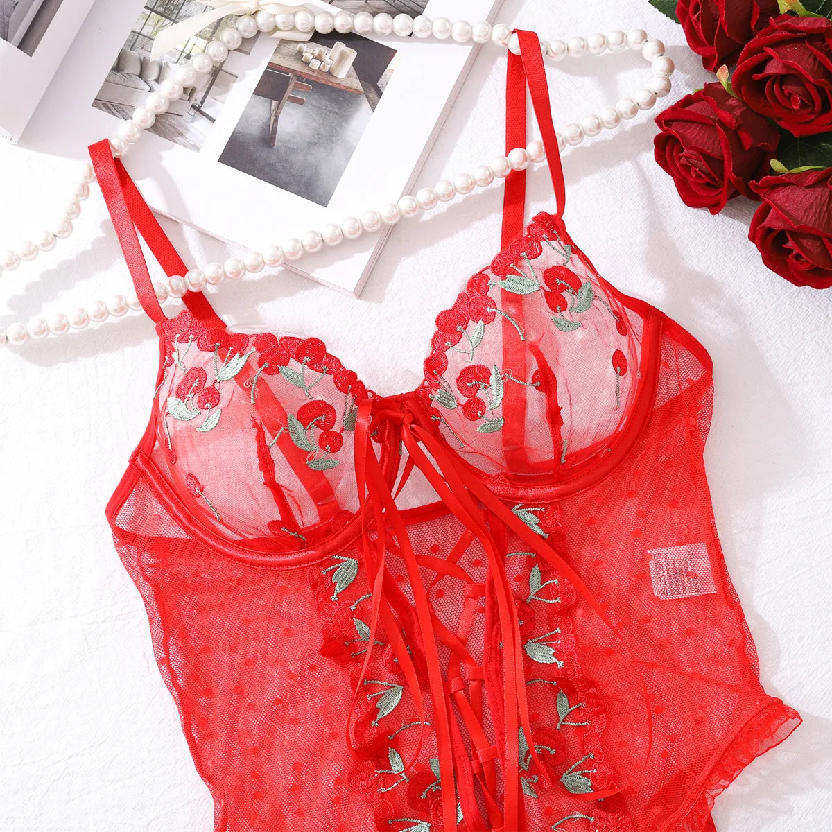 Red Cherry Lace Corset Lingerie Set