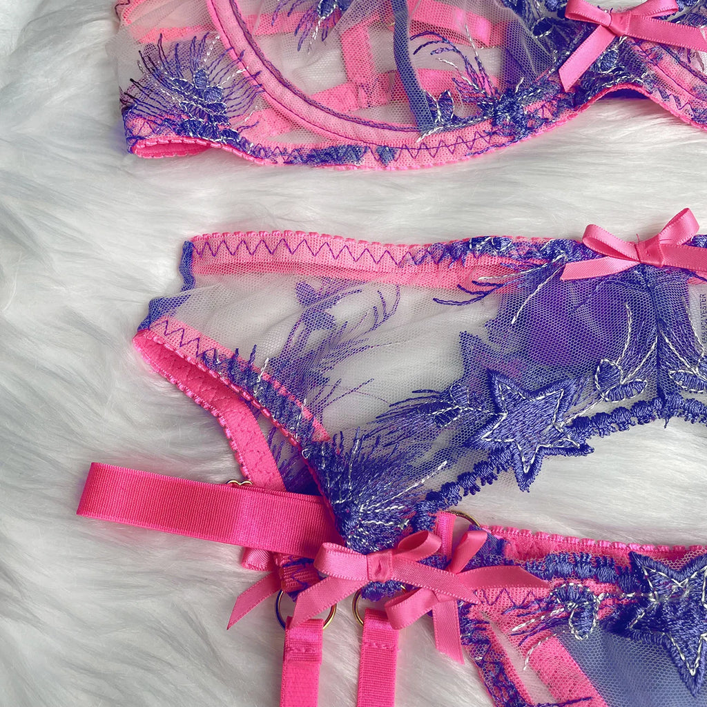 Cotton Candy Floral Lace Garter Belt Set