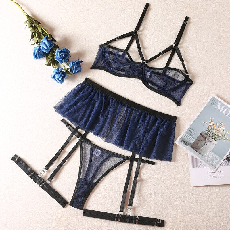 Exotic Polka Dot Ruffled Garter Lingerie Set