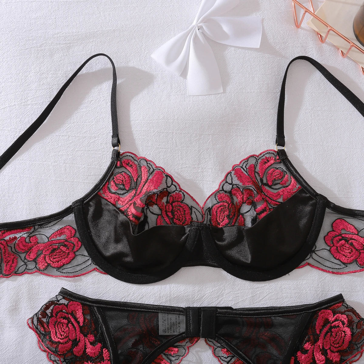 Elegant Red Rose Embroidered 3PC Set