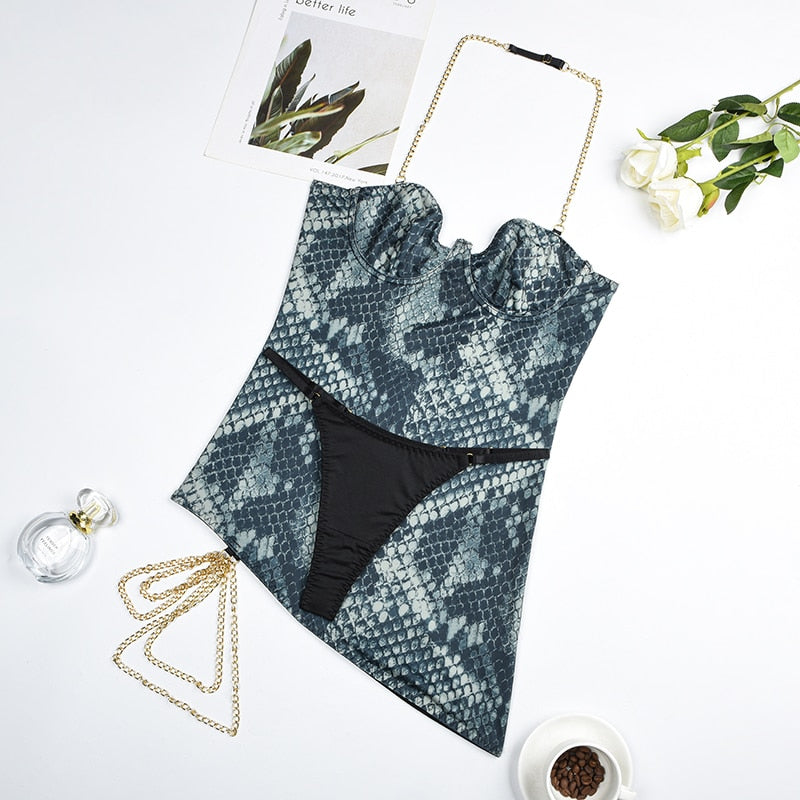 Exotic Snake Print Mini Dress W/Thigh Chain