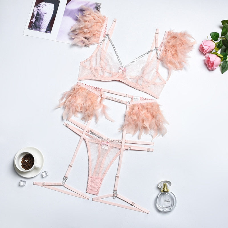 Feather Lace 3Pc Transparent Metal Chain Bra Set