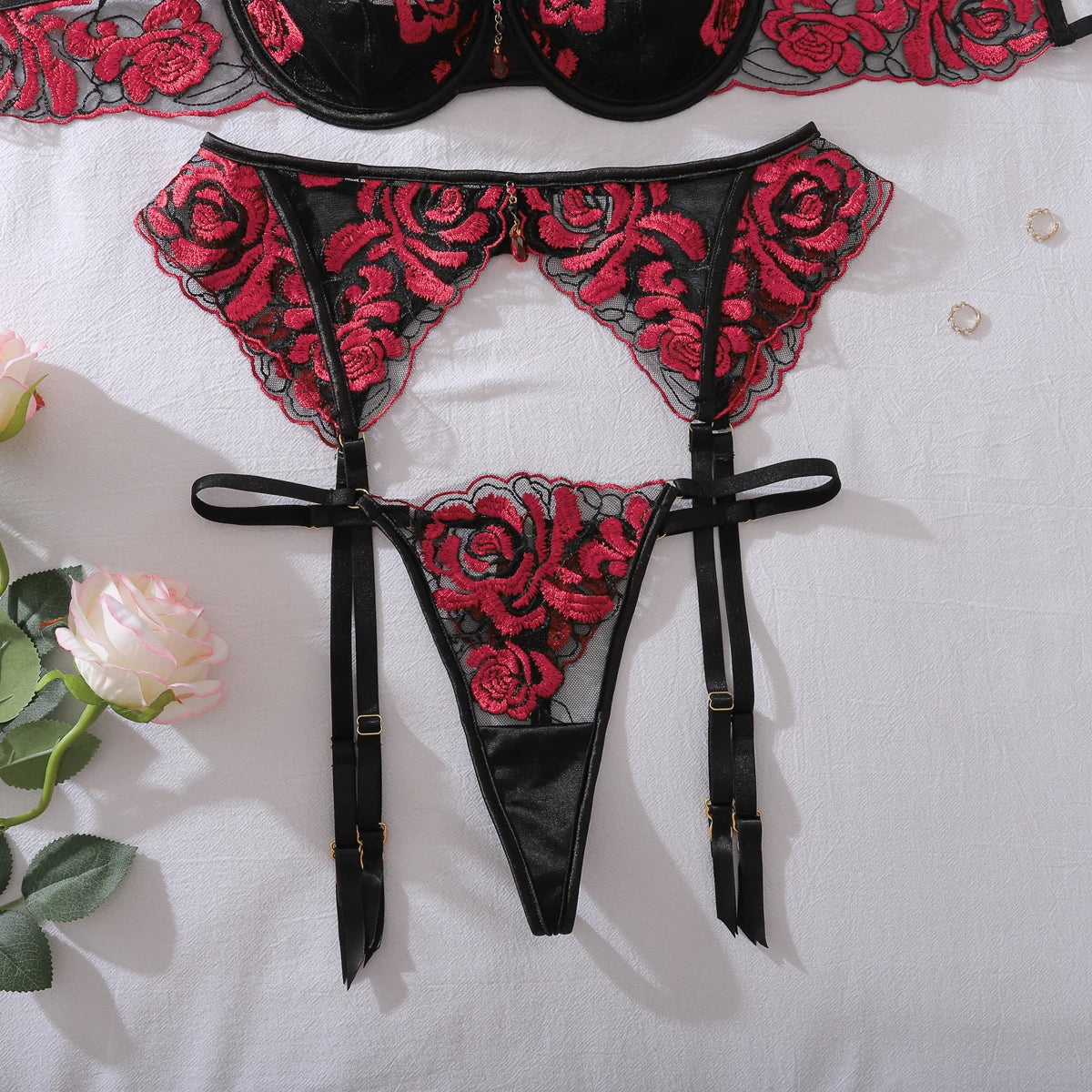 Elegant Red Rose Embroidered 3PC Set