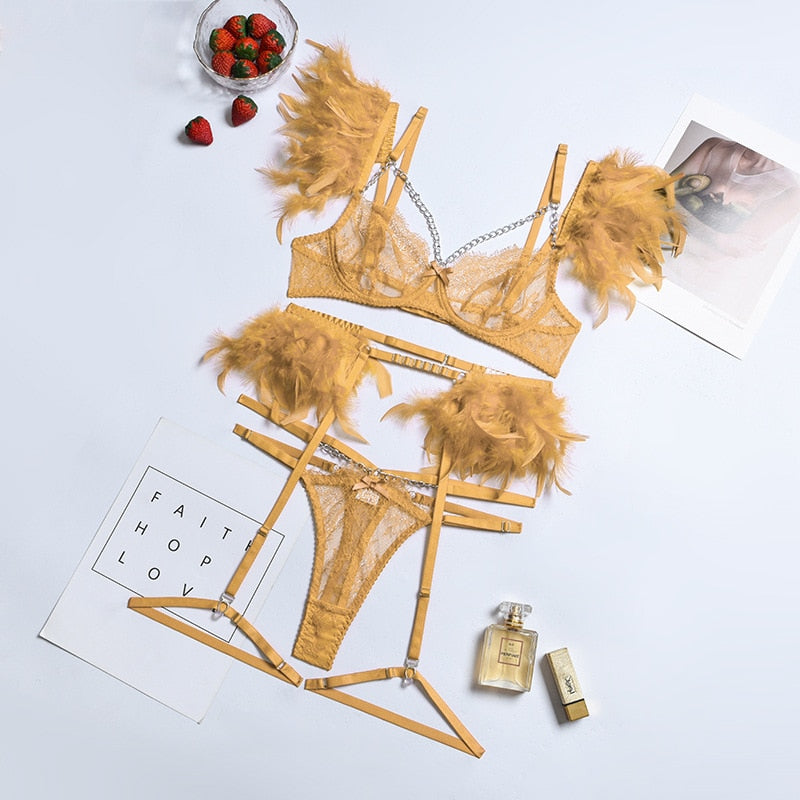 Feather Lace 3Pc Transparent Metal Chain Bra Set