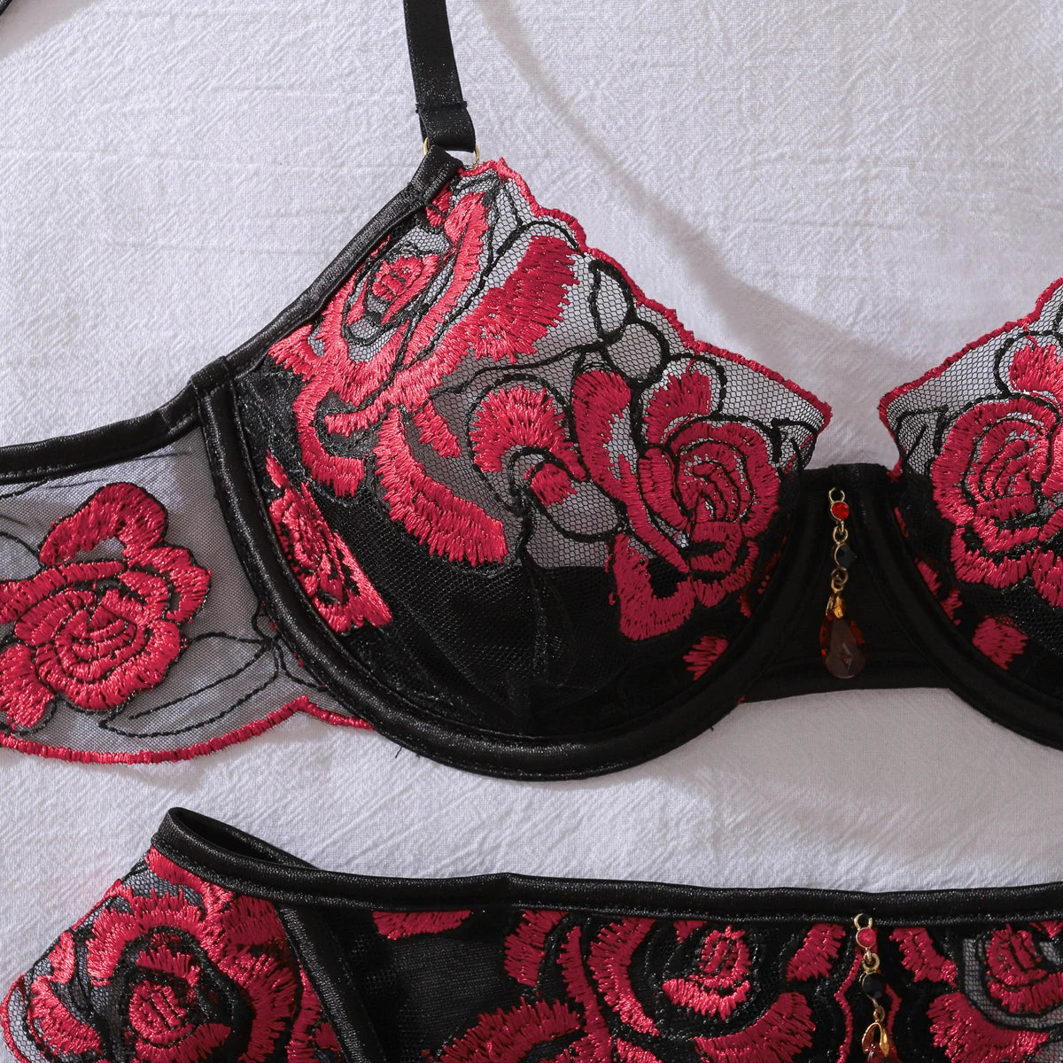 Elegant Red Rose Embroidered 3PC Set