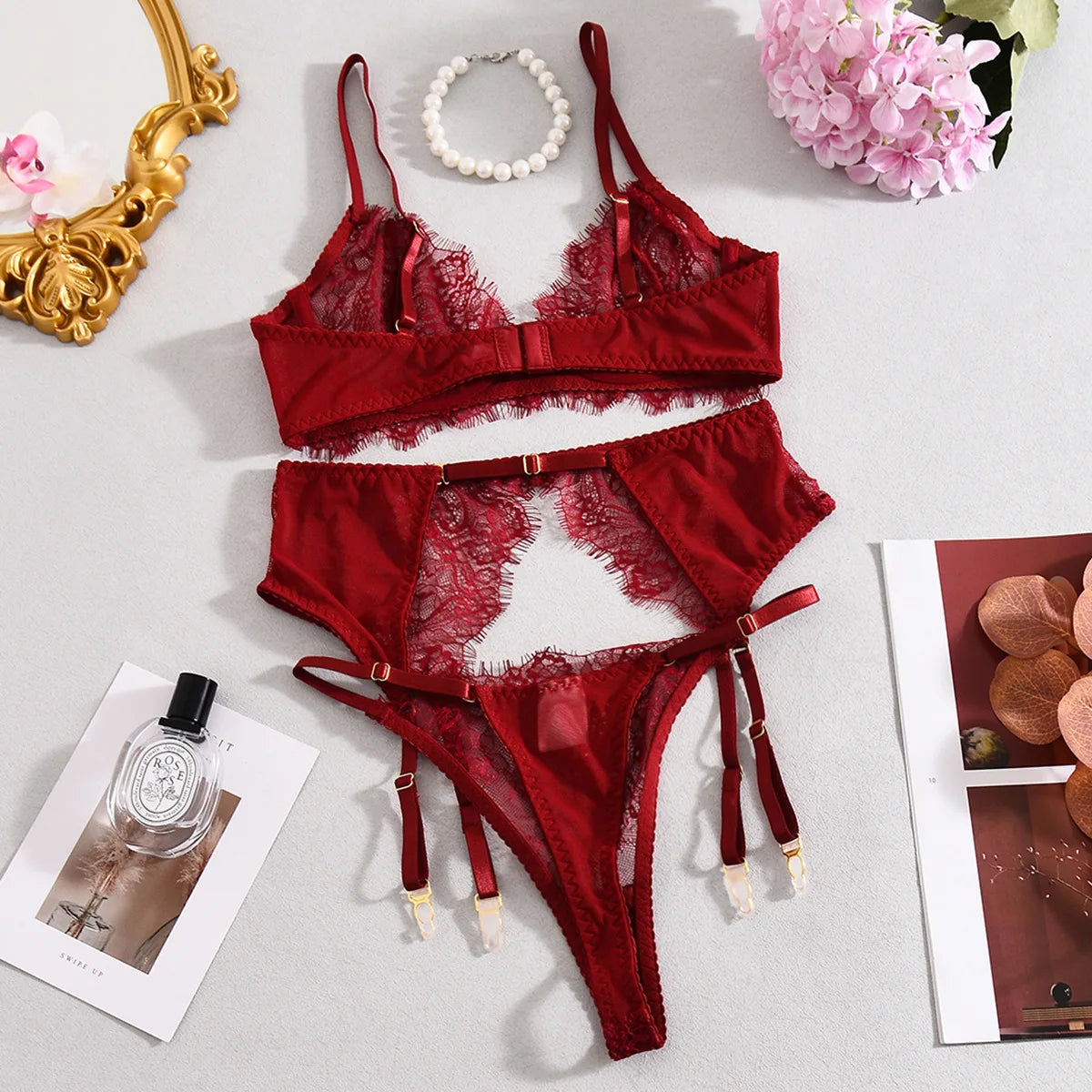 Sensual Coffee Feathered 3pcs Lingerie Set