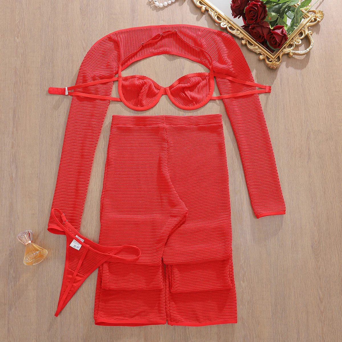 Romantic Red Cropped Crochet Lingerie Set