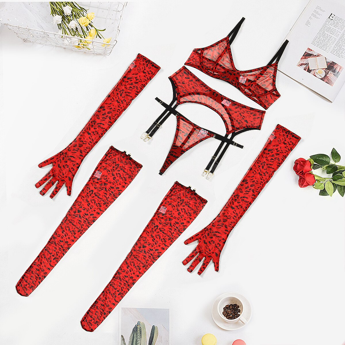 Sexy Red Leopard Print 5pcs Garter Set