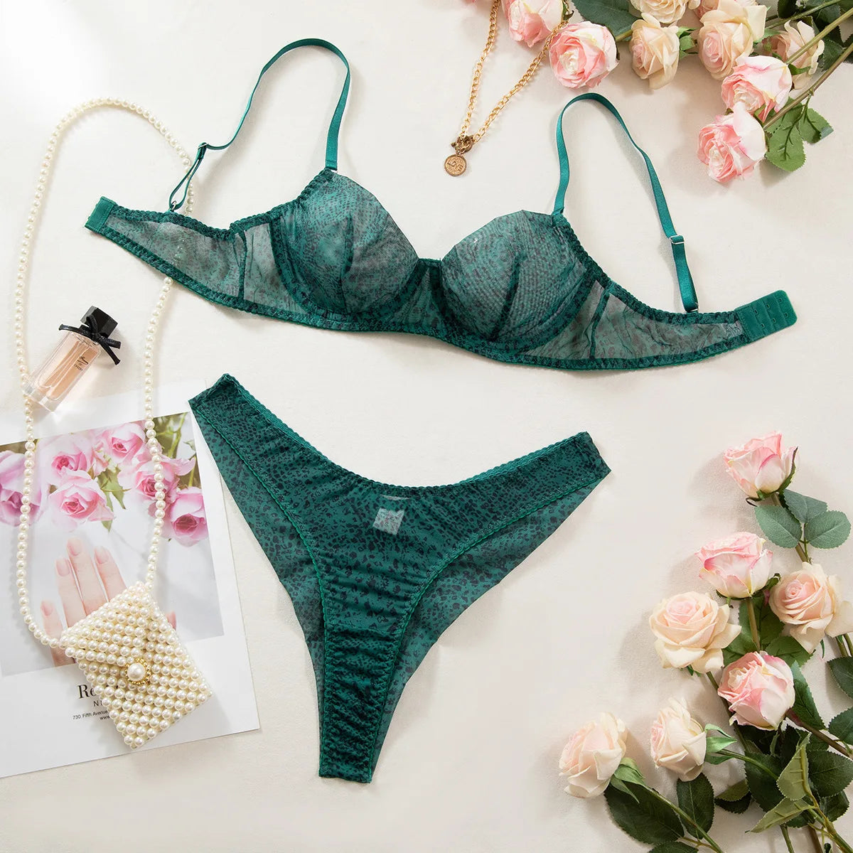 Exotic See-Through Green Serpent Bra Set