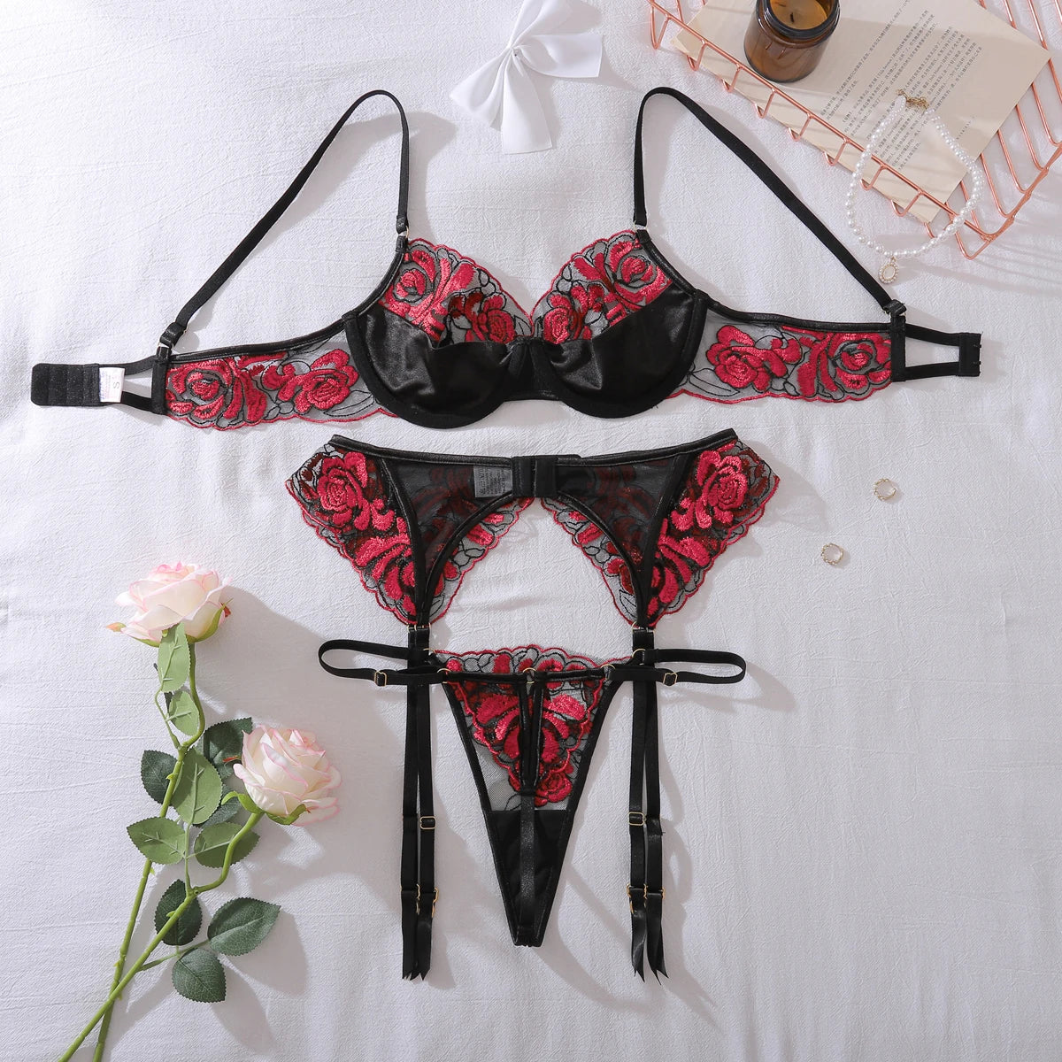 Elegant Red Rose Embroidered 3PC Set