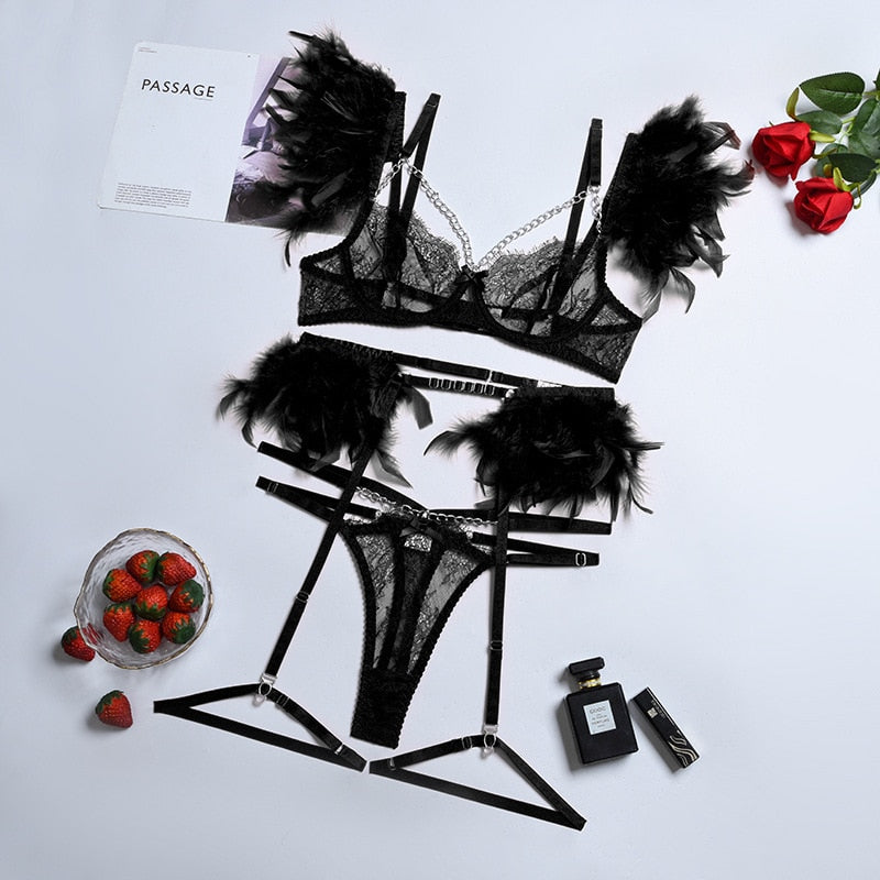 Feather Lace 3Pc Transparent Metal Chain Bra Set