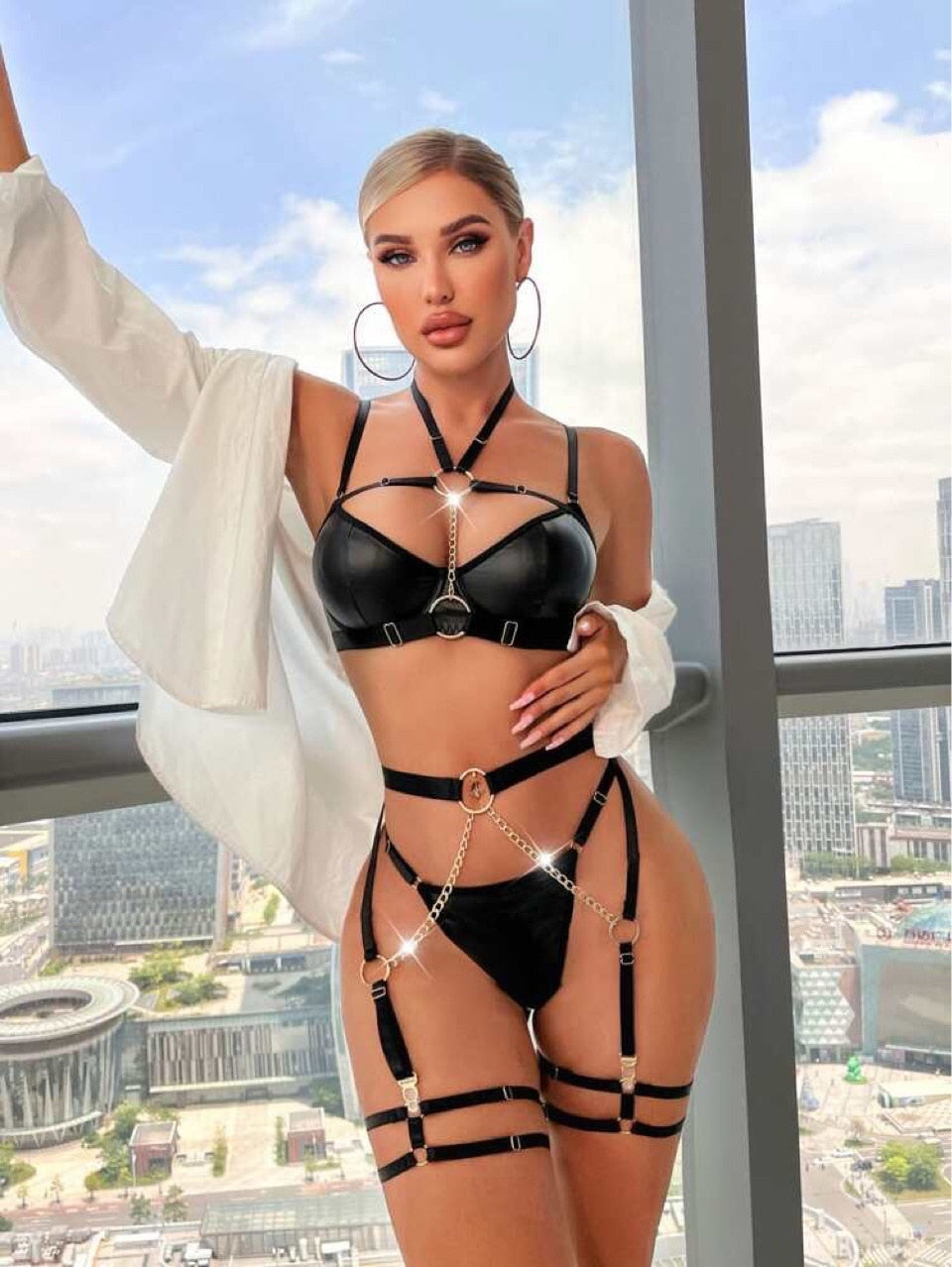 Exotic Latex Chain Garter Lingerie Set