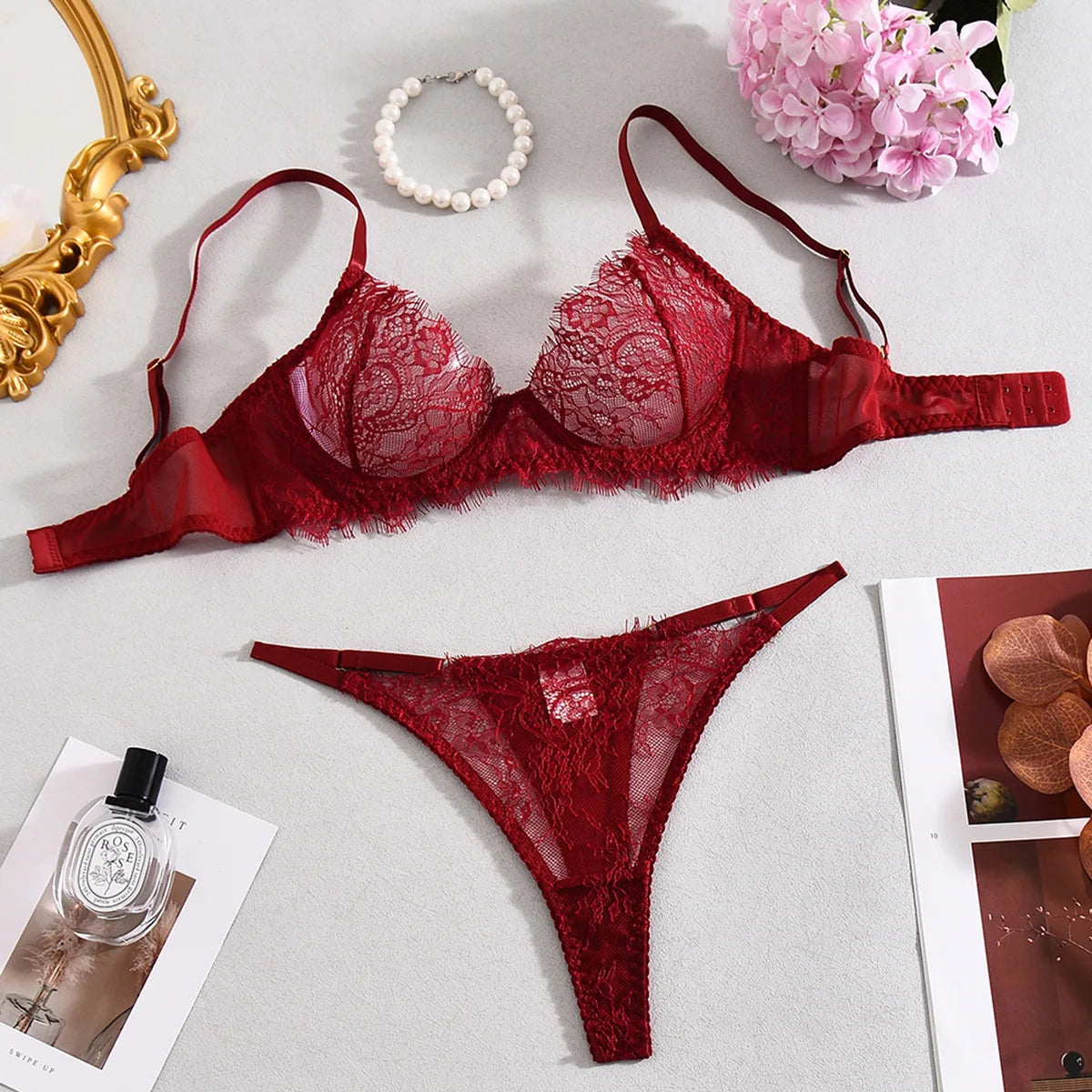Sensual Coffee Feathered 3pcs Lingerie Set