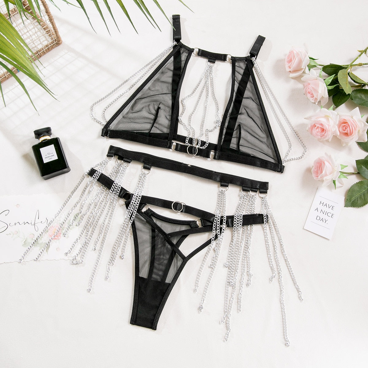 Sensual Transparent 3pcs Tassel Fantasy Lingerie