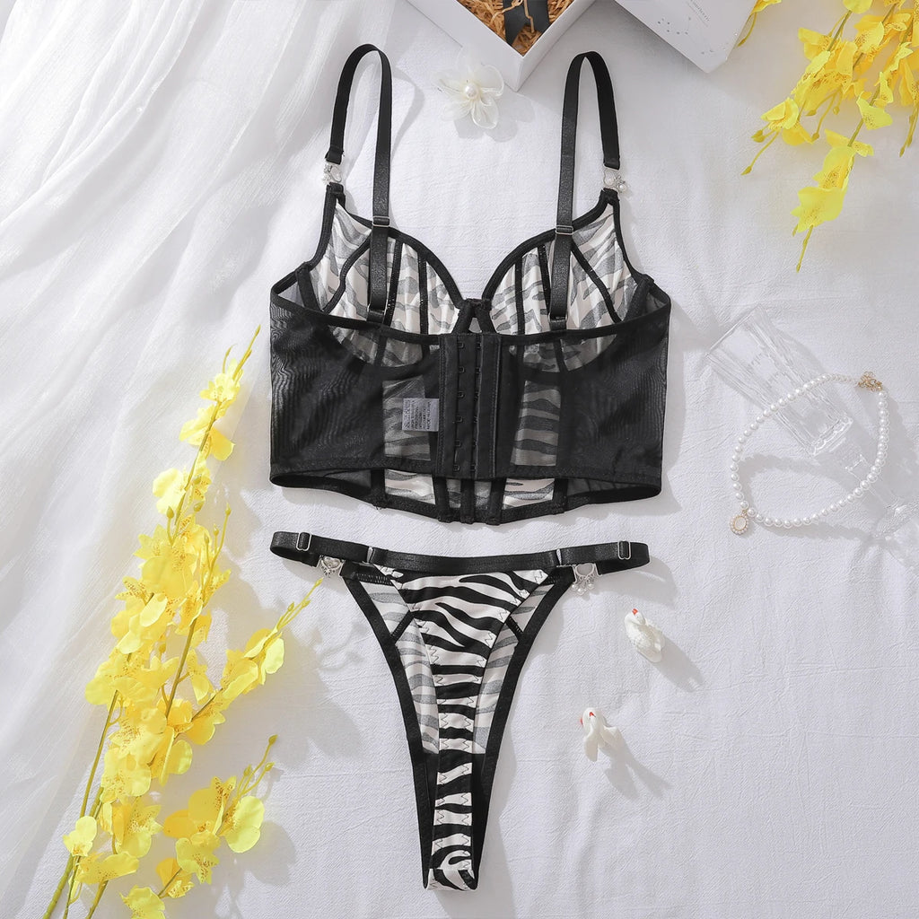 Fancy Zebra Print Mesh 2Pcs Lingerie Set