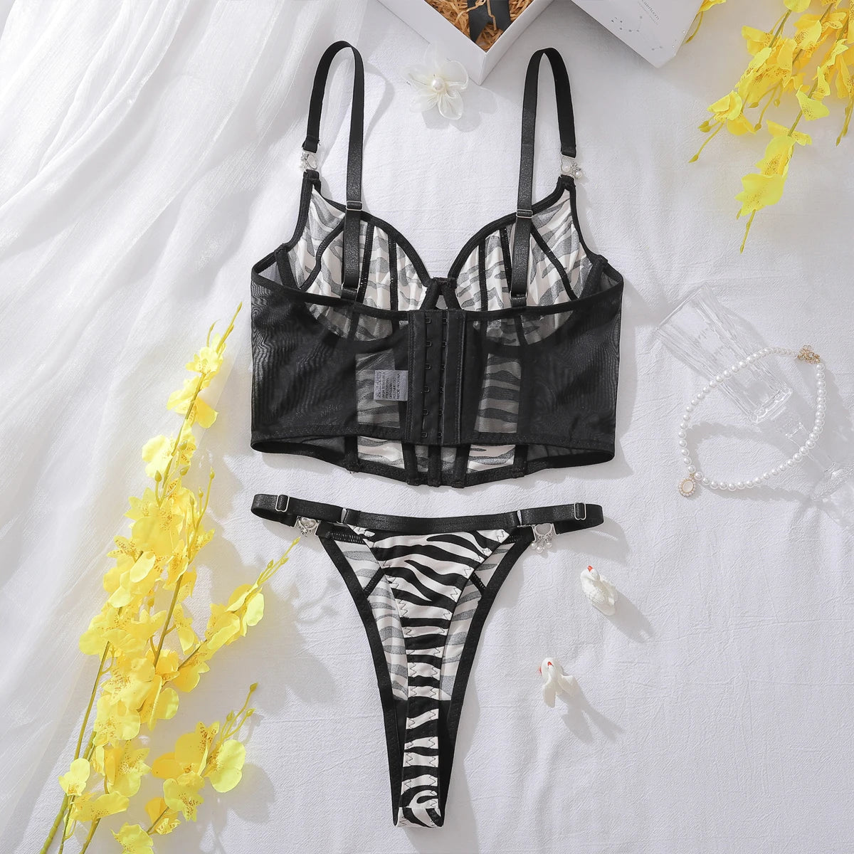 Fancy Zebra Print Mesh 2Pcs Lingerie Set