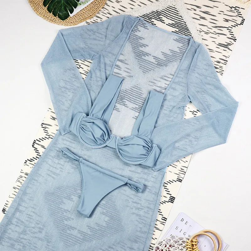 Elegant 3Pcs Low Cut Beach Dress Set