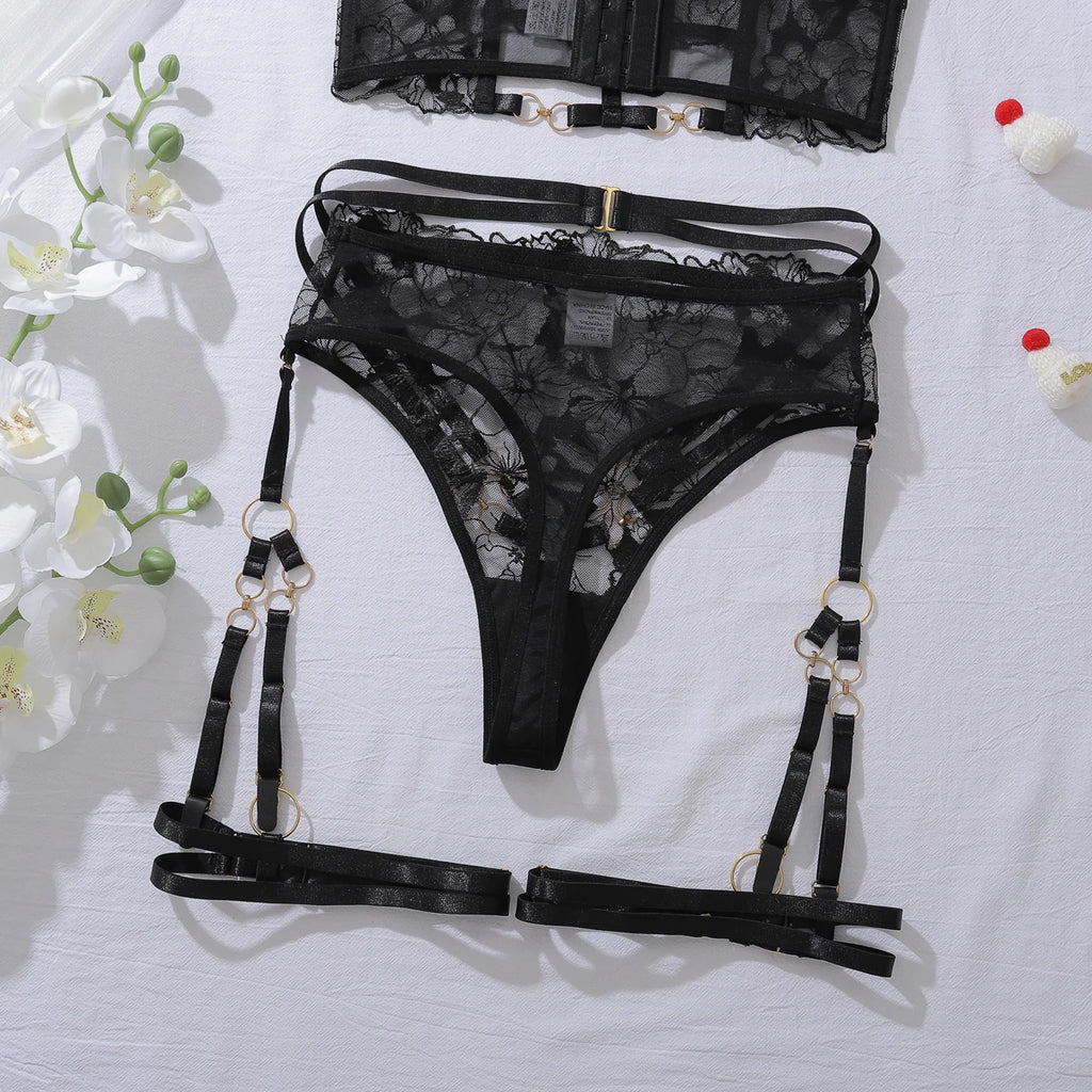 Black Floral Luxury Lace Bra Set