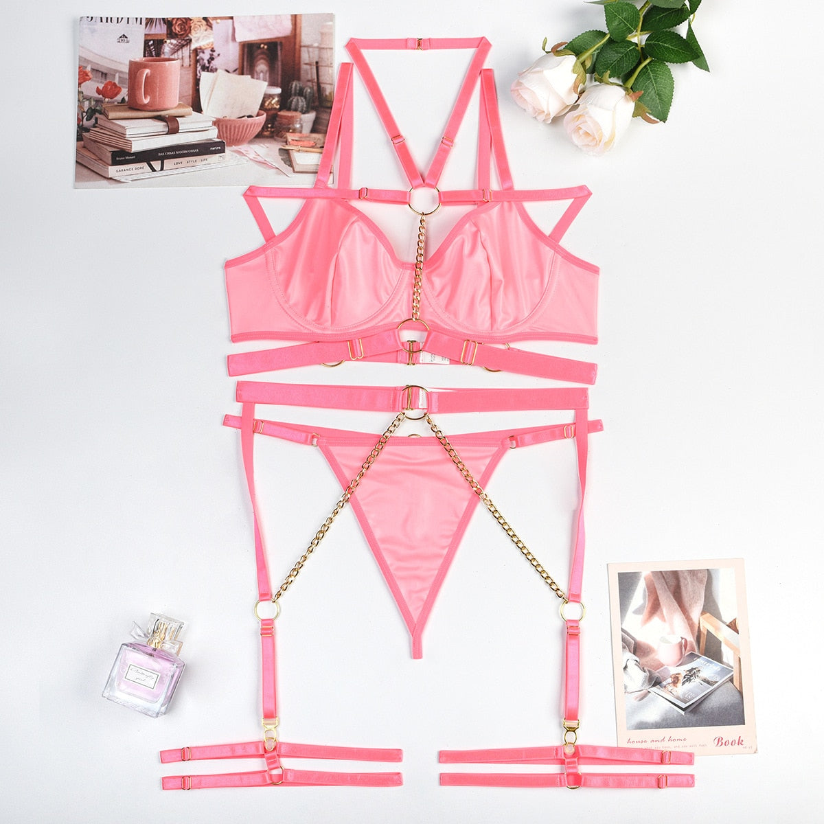 Exotic Latex Chain Garter Lingerie Set