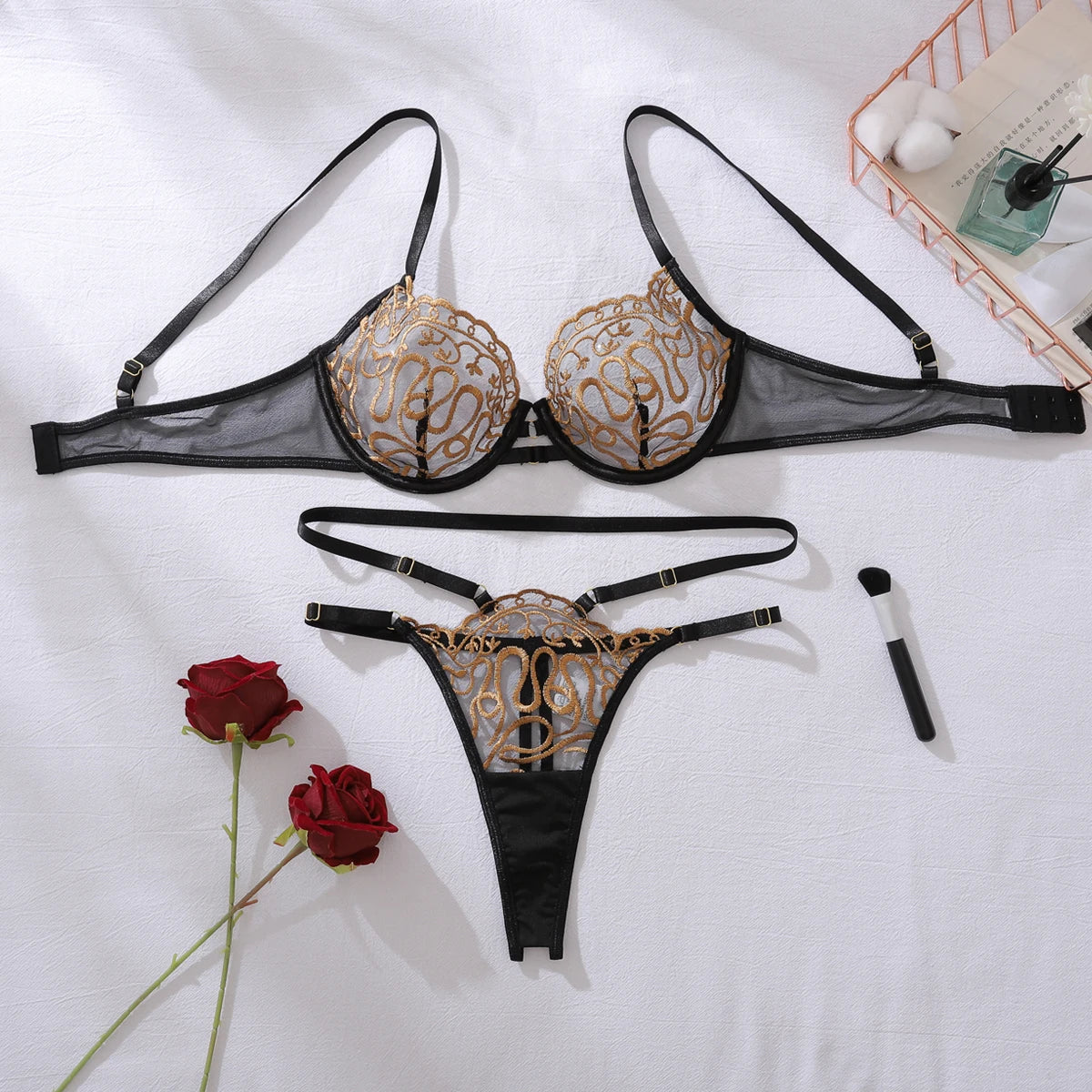 Exotic Gold Embroidered 2PC Bra Set