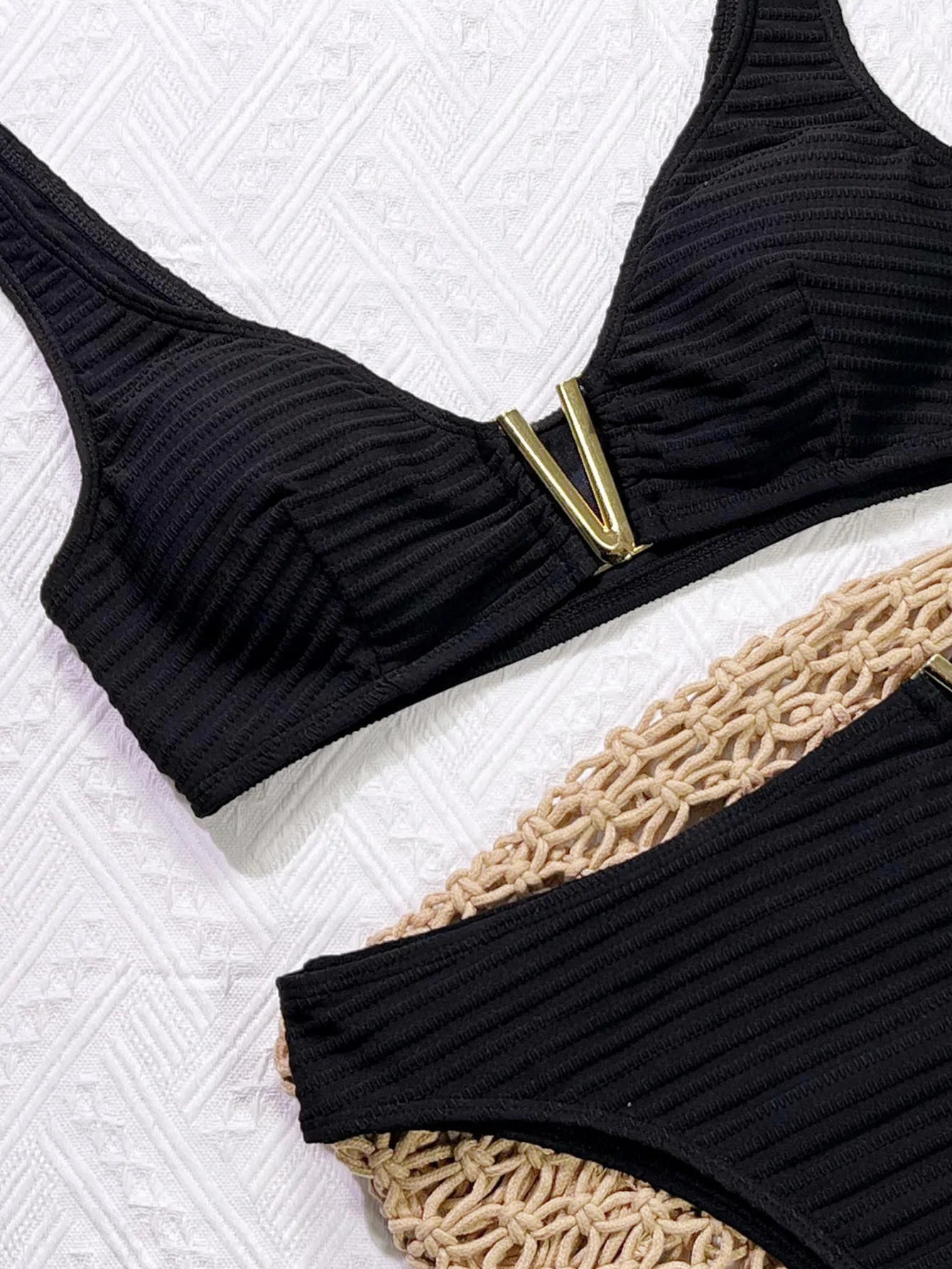 Gold V-neck High Waist Bikini