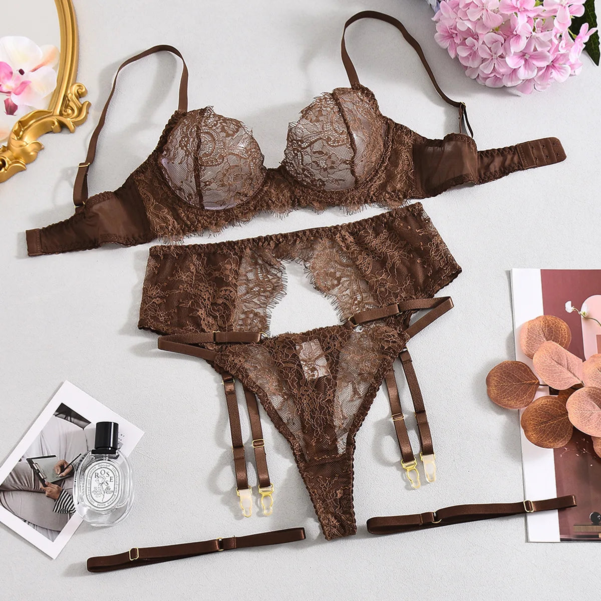 Sensual Coffee Feathered 3pcs Lingerie Set