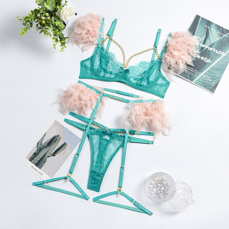 Feather Lace 3Pc Transparent Metal Chain Bra Set
