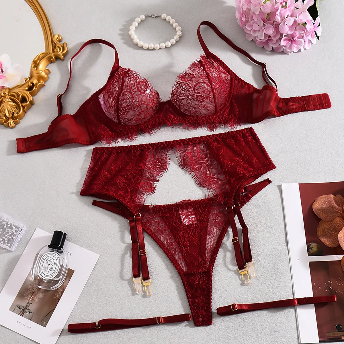Sensual Coffee Feathered 3pcs Lingerie Set