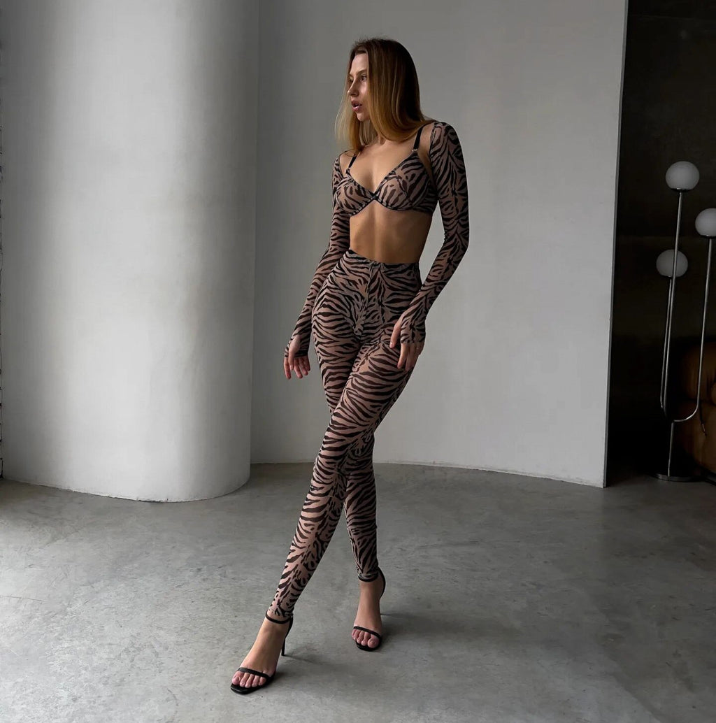 Exotic Zebra Print Fitted Sheer Bra & Legging Set
