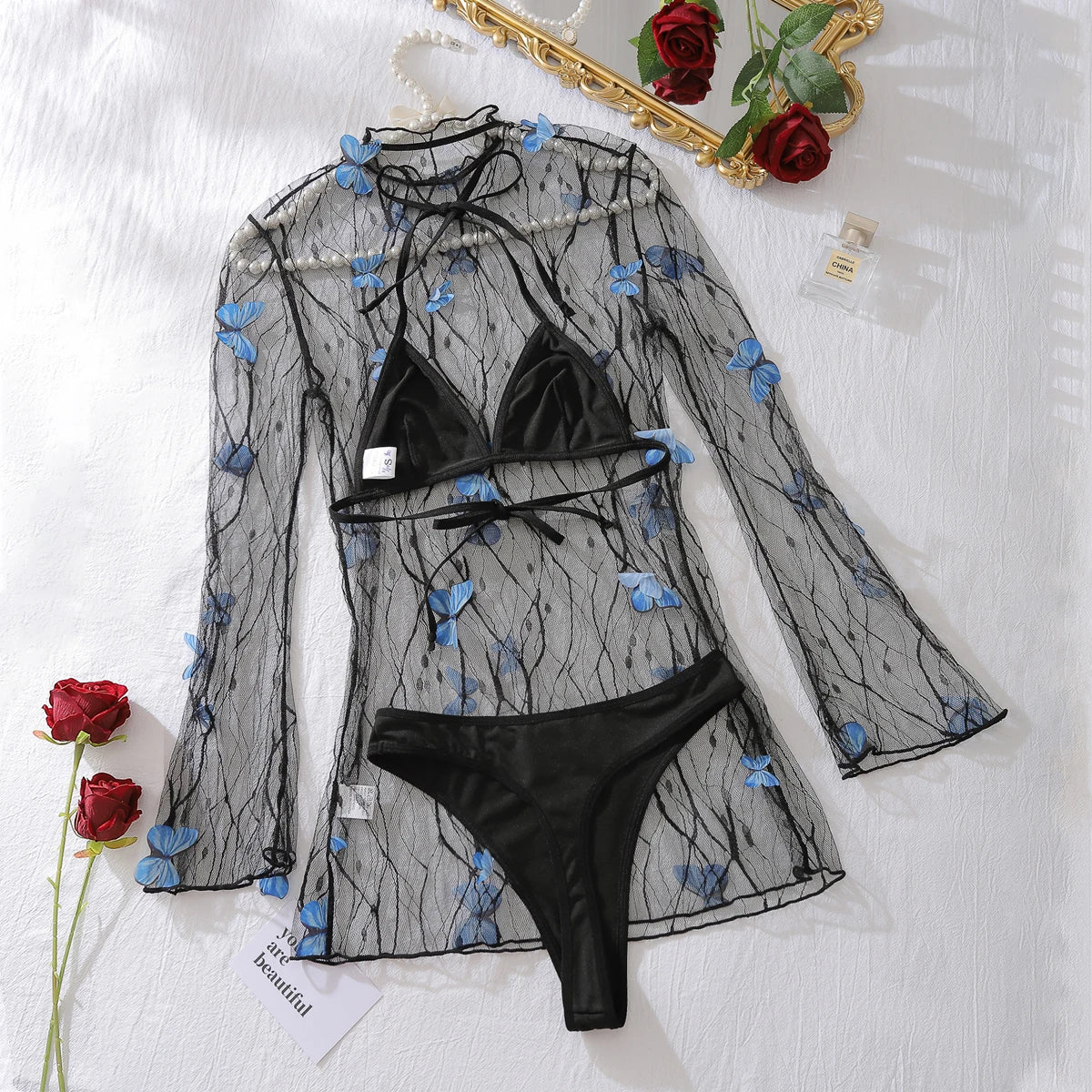 Fantasy Mesh Blue Butterfly Dress Set