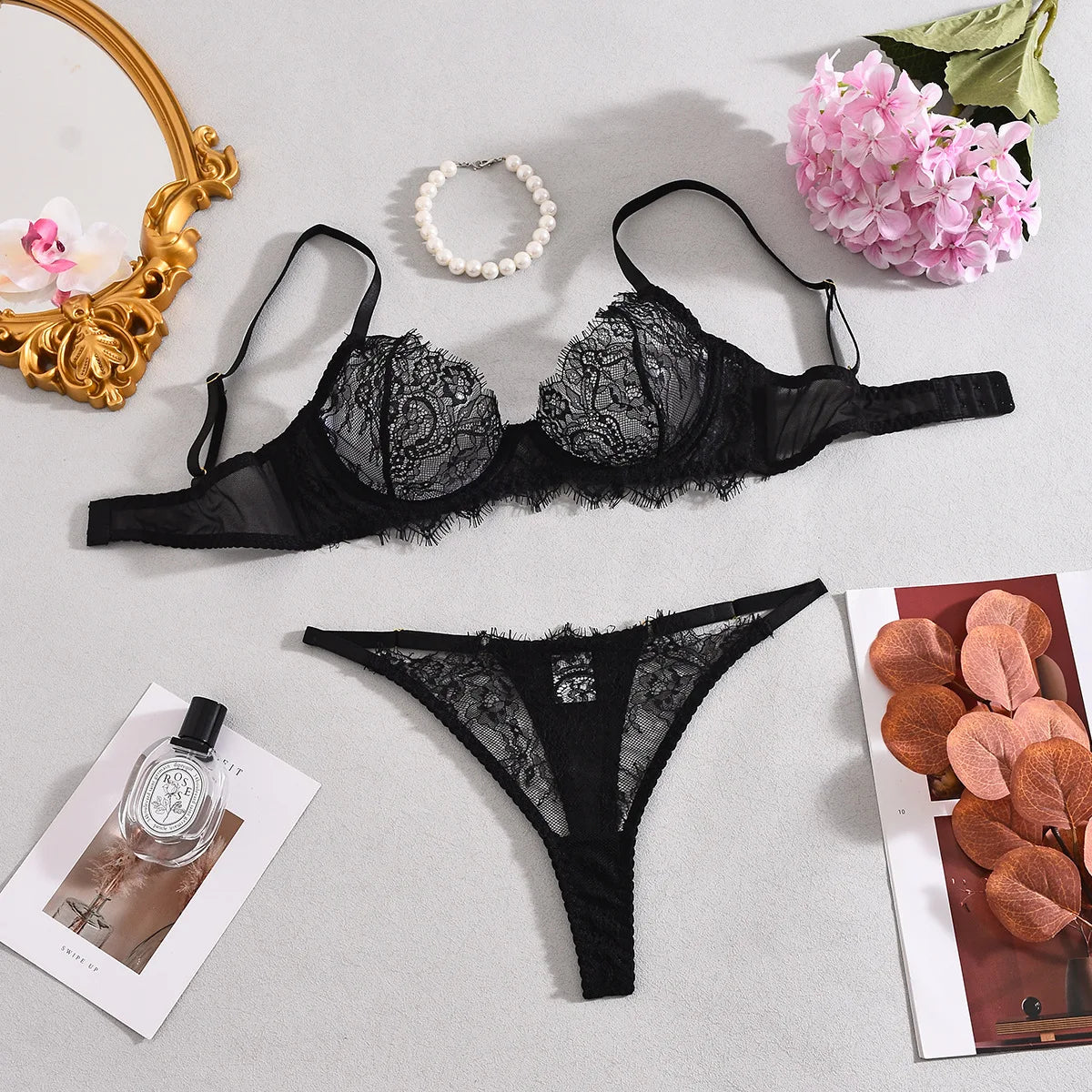 Sensual Coffee Feathered 3pcs Lingerie Set