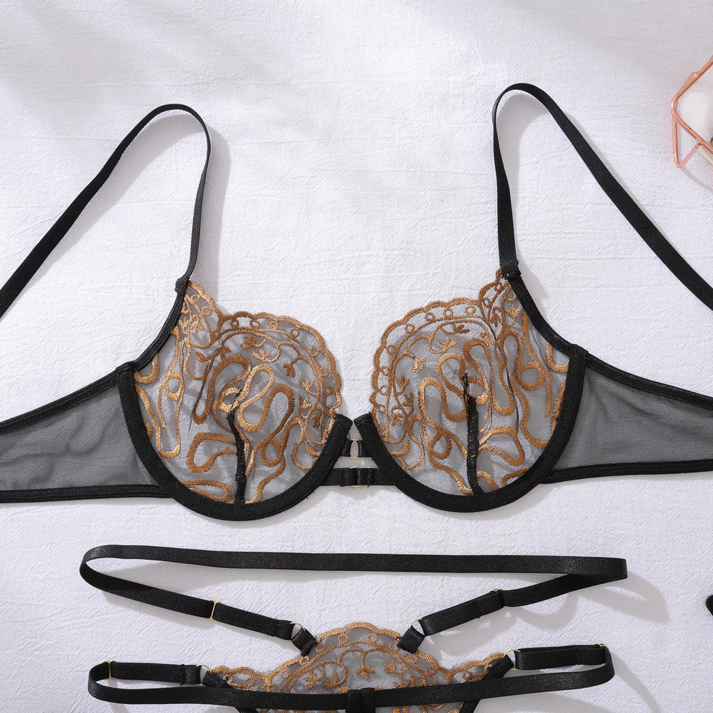 Exotic Gold Embroidered 2PC Bra Set