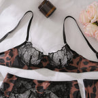 Exotic Leopard Print Lace Patchwork Set W/Stockings