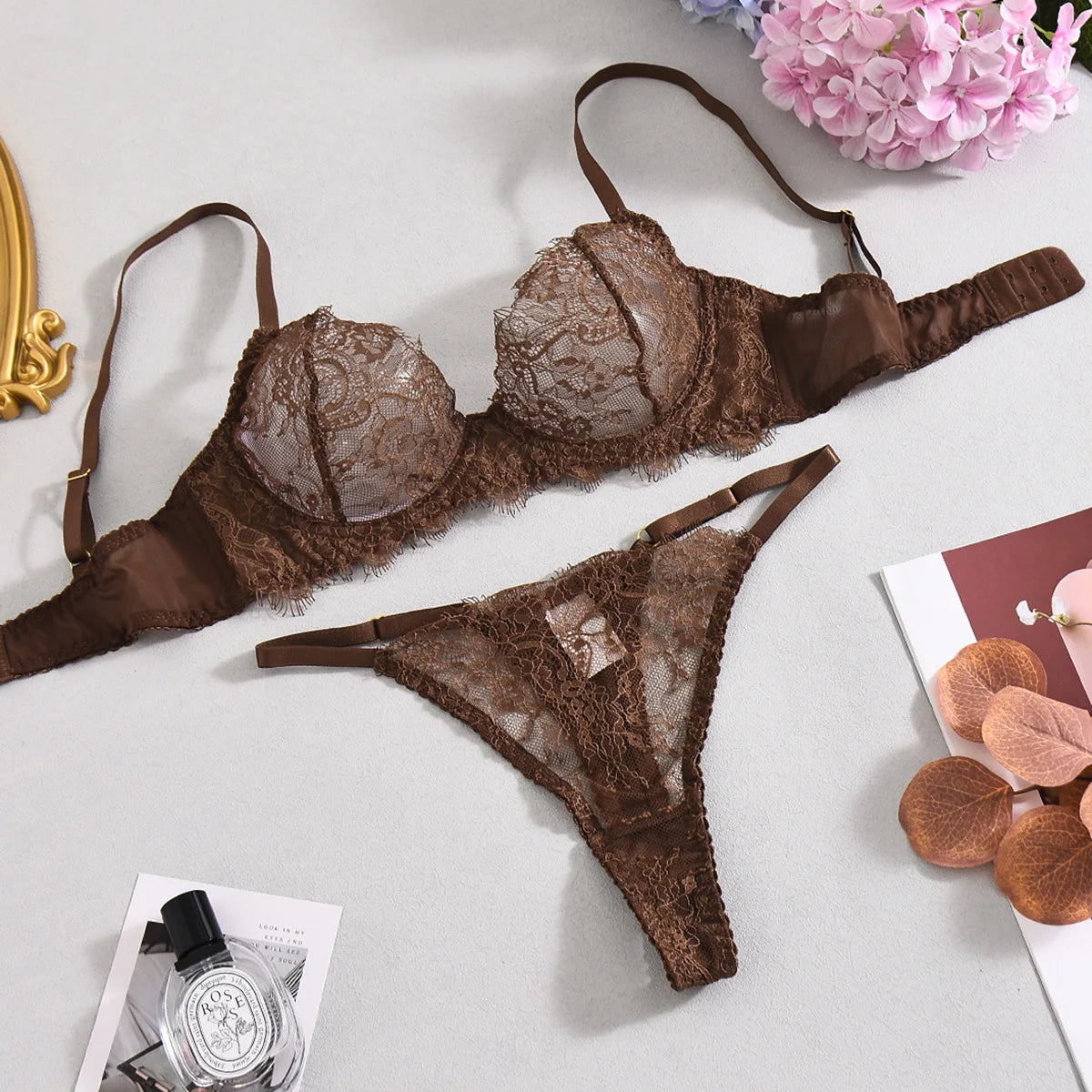 Sensual Coffee Feathered 3pcs Lingerie Set