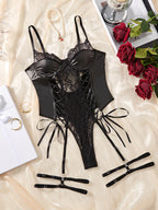 Black Leather Lace Patchwork Body Suit