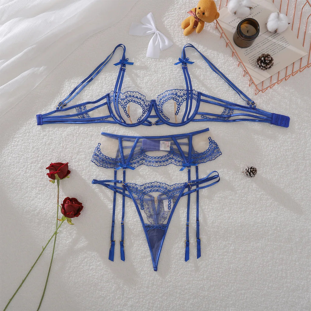 Royal Blue Bowknot Embroidered Sheer Suit