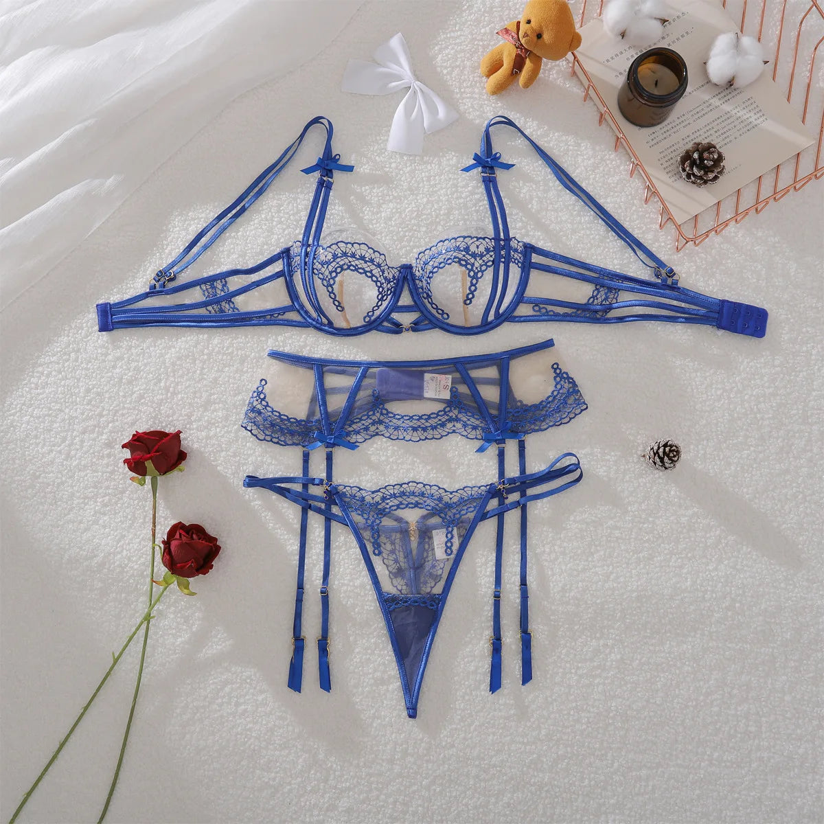 Royal Blue Bowknot Embroidered Sheer Suit