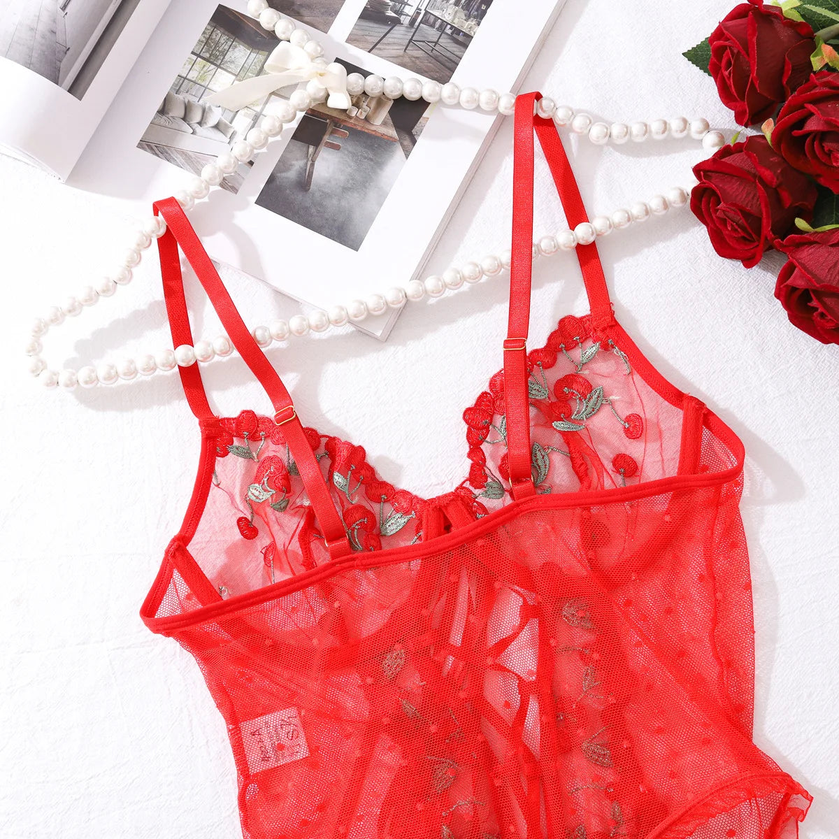 Red Cherry Lace Corset Lingerie Set