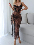 Seductive Long Leopard See Through Split Dress