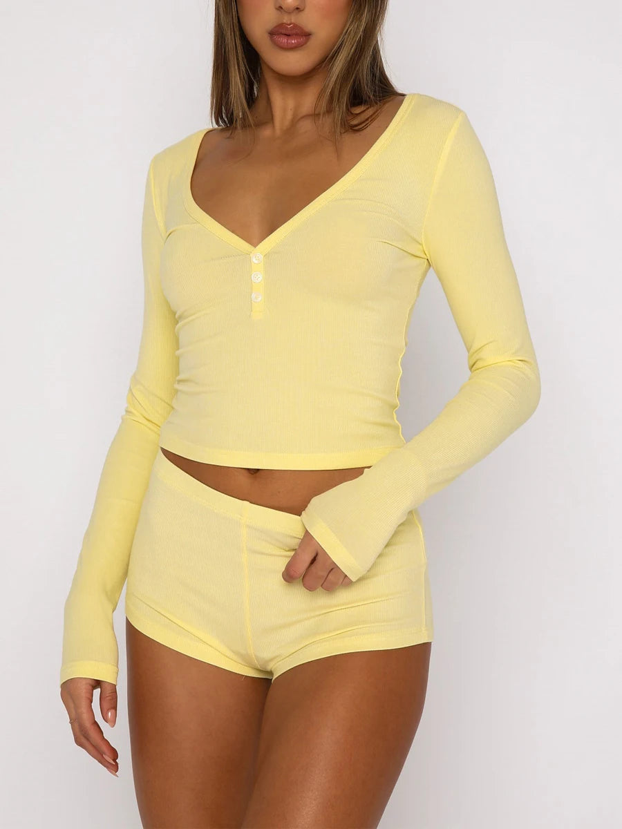 Long Sleeve 2 Pcs Cropped Body Con Pajama Set