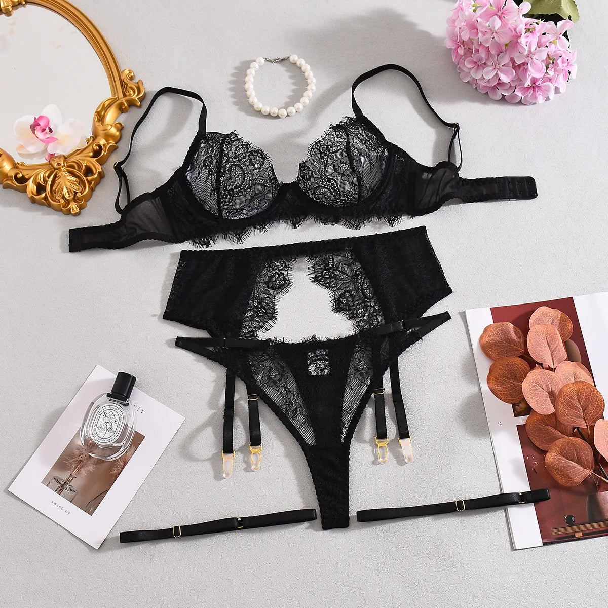 Sensual Coffee Feathered 3pcs Lingerie Set