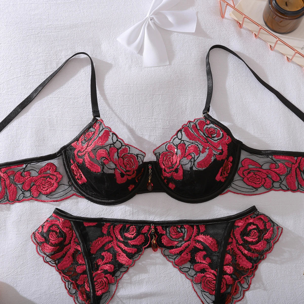 Elegant Red Rose Embroidered 3PC Set