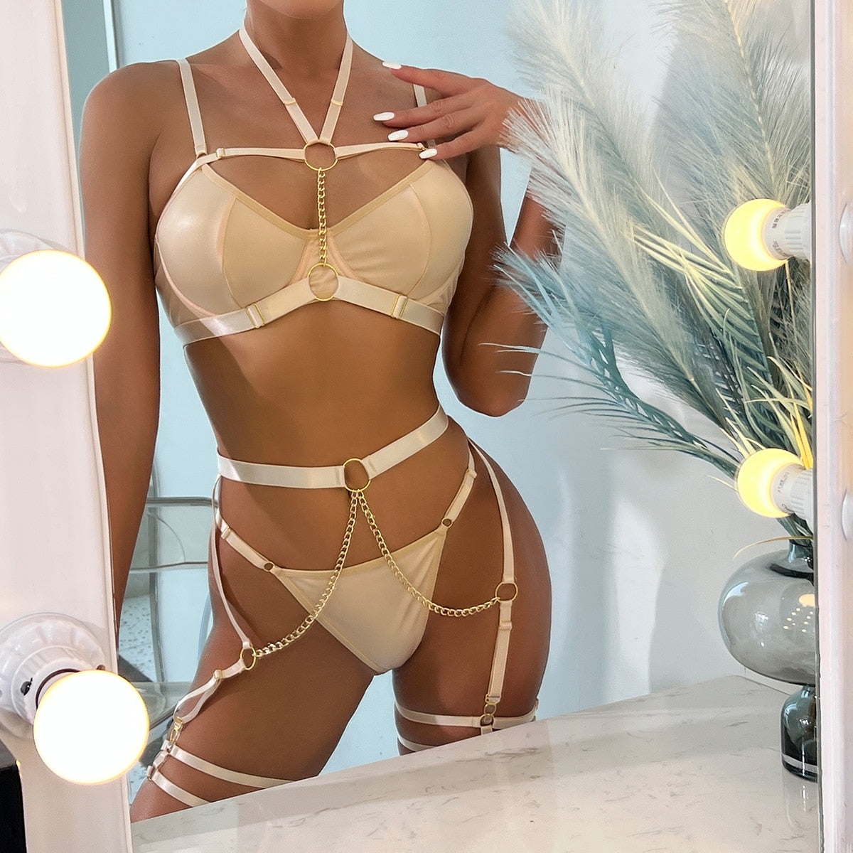 Exotic Latex Chain Garter Lingerie Set