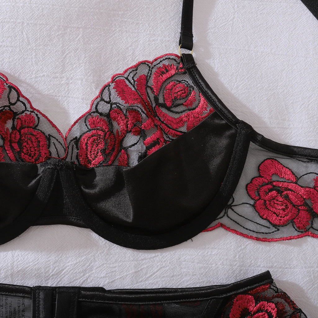 Elegant Red Rose Embroidered 3PC Set