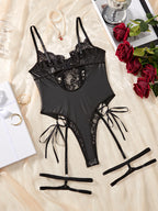 Black Leather Lace Patchwork Body Suit
