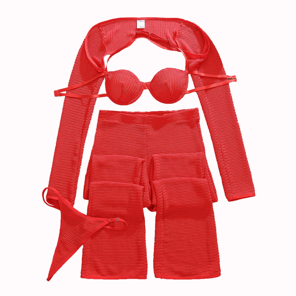 Romantic Red Cropped Crochet Lingerie Set
